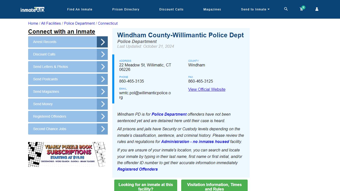 Windham County-Willimantic Police Dept | Arrest Records - InmateAid